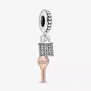 (resim) Pandora 14k rose altın kaplama Pavé Asma Kilit ve Anahtar Sallantılı Charm - 788682C01