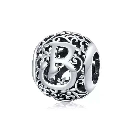 (resim) Pandora tarzı Kafes İşi Çiçek B Harfi Charm - SCC1444-B
