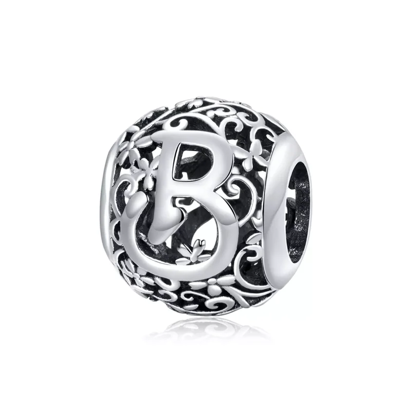 (resim) Pandora tarzı Kafes İşi Çiçek B Harfi Charm - SCC1444-B
