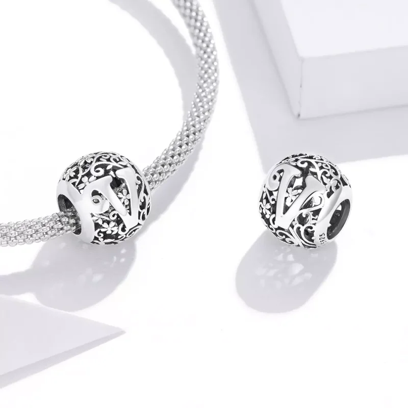 (resim) Pandora tarzı Kafes İşi Çiçek Harf V Charm - SCC1444-V - Görüntüle 4