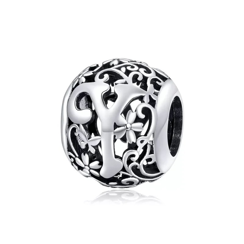 (resim) Pandora tarzı Kafes İşi Çiçek Y Harfi Charm - SCC1444-Y