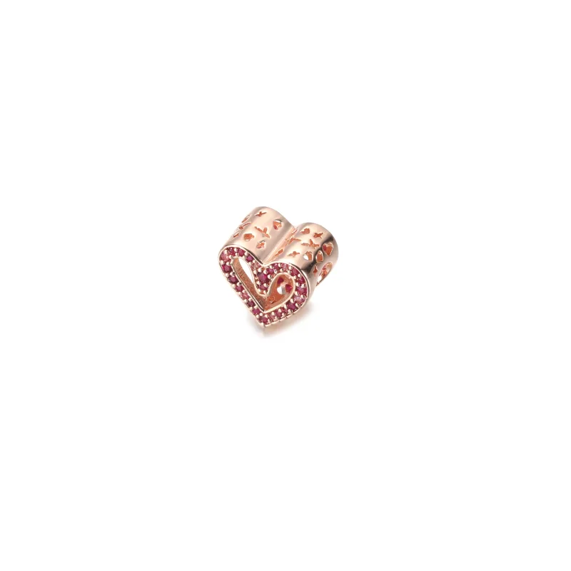 (resim) Pandora 14k rose altın kaplama ışıltılı yakut kırmızı pembe serbest kalp Charm - - Görüntüle 2