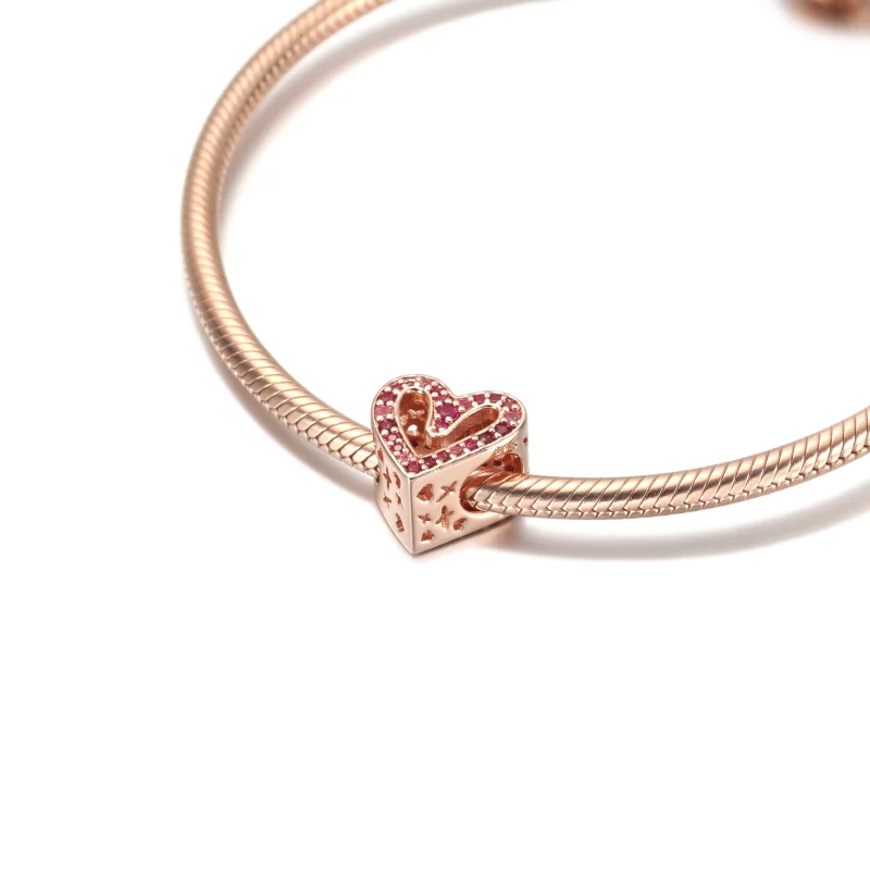 (resim) Pandora 14k rose altın kaplama ışıltılı yakut kırmızı pembe serbest kalp Charm - - Görüntüle 5