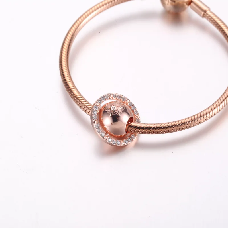 (resim) Pandora Satürn gezegeni 14 ayar pembe altın kaplama berrak kübik zirkonlu charm - Görüntüle 6