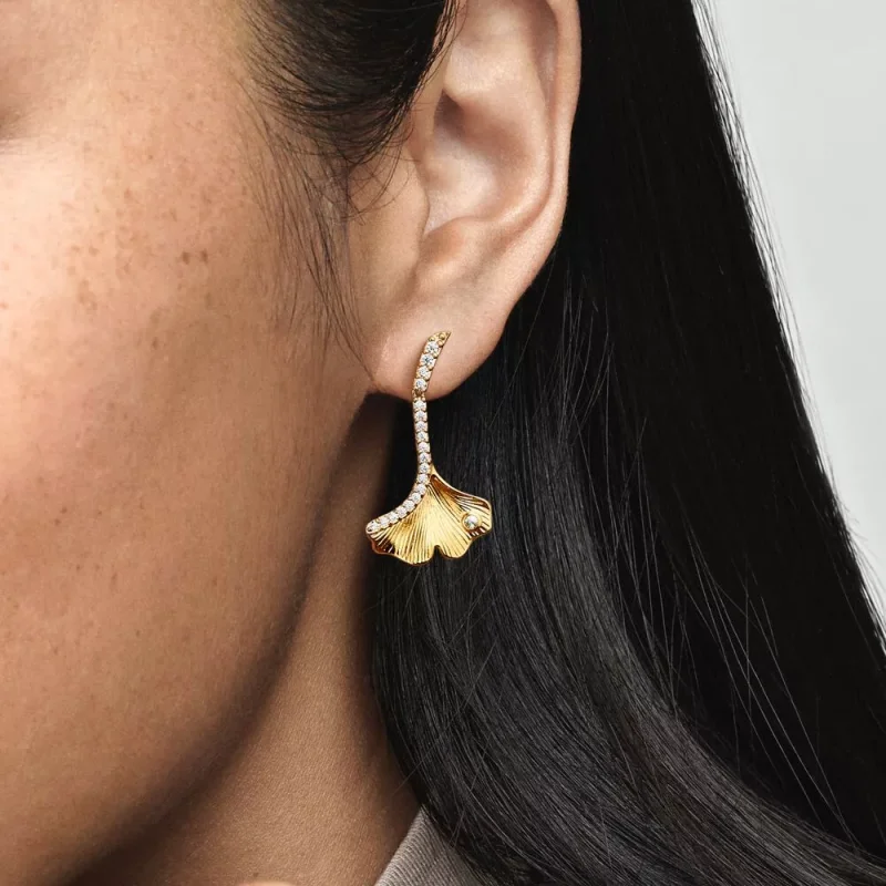 (resim) Pandora Ginkgo 14k altın kaplama damla küpe - 262440C01 - Görüntüle 6