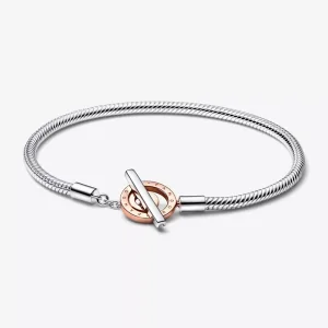 (resim) Pandora Moments İki Renkli Logo T-Bar Yılan Zincir Bileklik - 582309C00