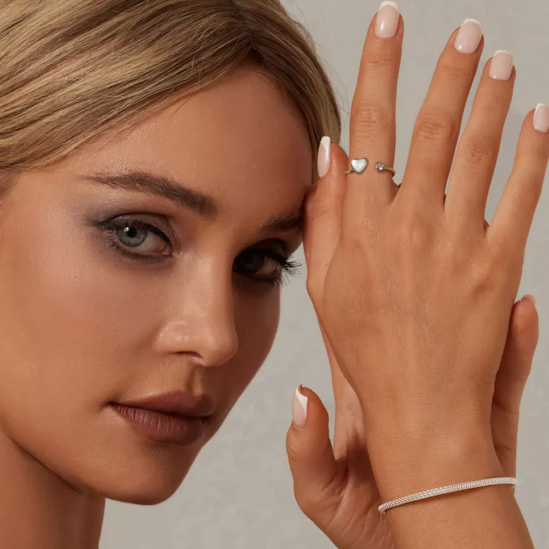 (resim) PANDORA Stili Kalp Attıran Beyaz Kabuk Açık Halka - BSR520-E - Görüntüle 4
