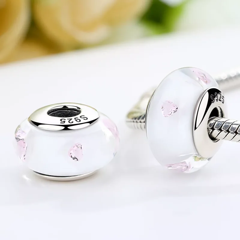 (resim) Pandora Stili Beyaz Murano Cam Pembe Taşlarlı Charms - SCZ004 - Görüntüle 3