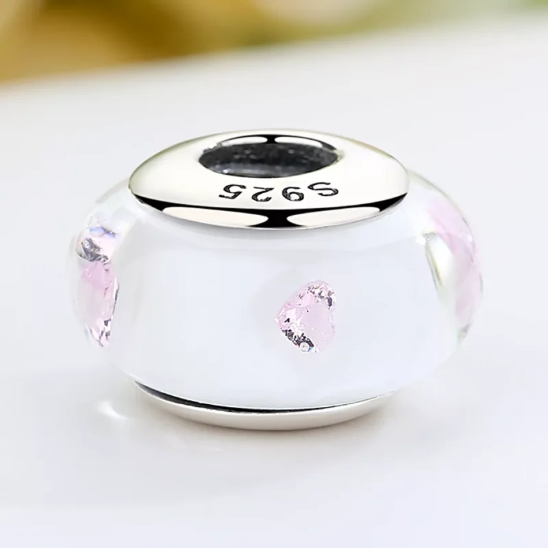 (resim) Pandora Stili Beyaz Murano Cam Pembe Taşlarlı Charms - SCZ004 - Görüntüle 4