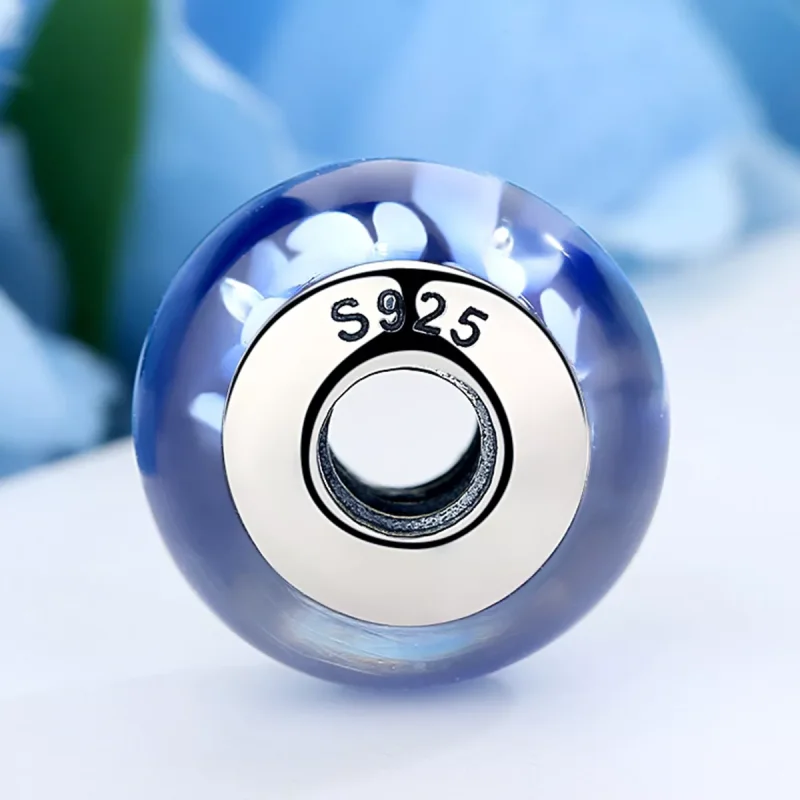 (resim) Pandora Stili Mavi Murano Cam Beyaz Çiçekler Süs - SCZ006 - Görüntüle 3