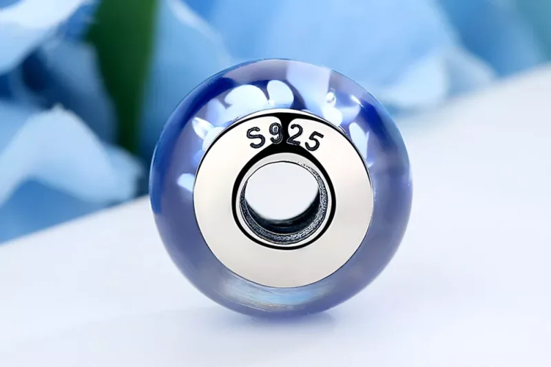(resim) Pandora Stili Mavi Murano Cam Beyaz Çiçekler Süs - SCZ006 - Görüntüle 7