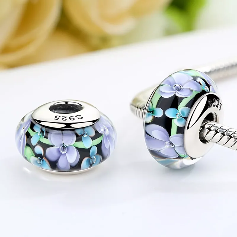 (resim) Pandora Stili Mor Çiçekler Murano Cam Boncuk - SCZ009 - Görüntüle 3