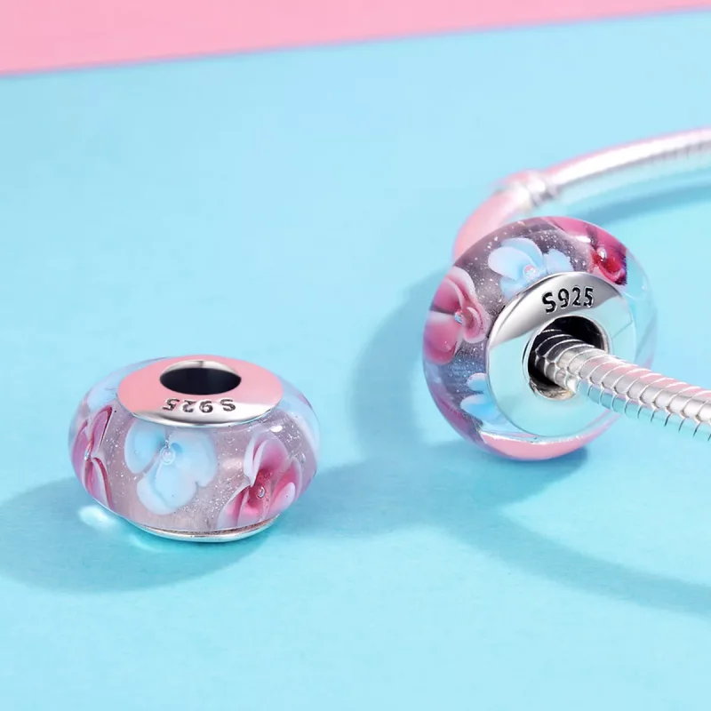 (resim) Pandora Stili Pembe Çiçekler Murano Cam Kolye - SCZ056 - Görüntüle 4