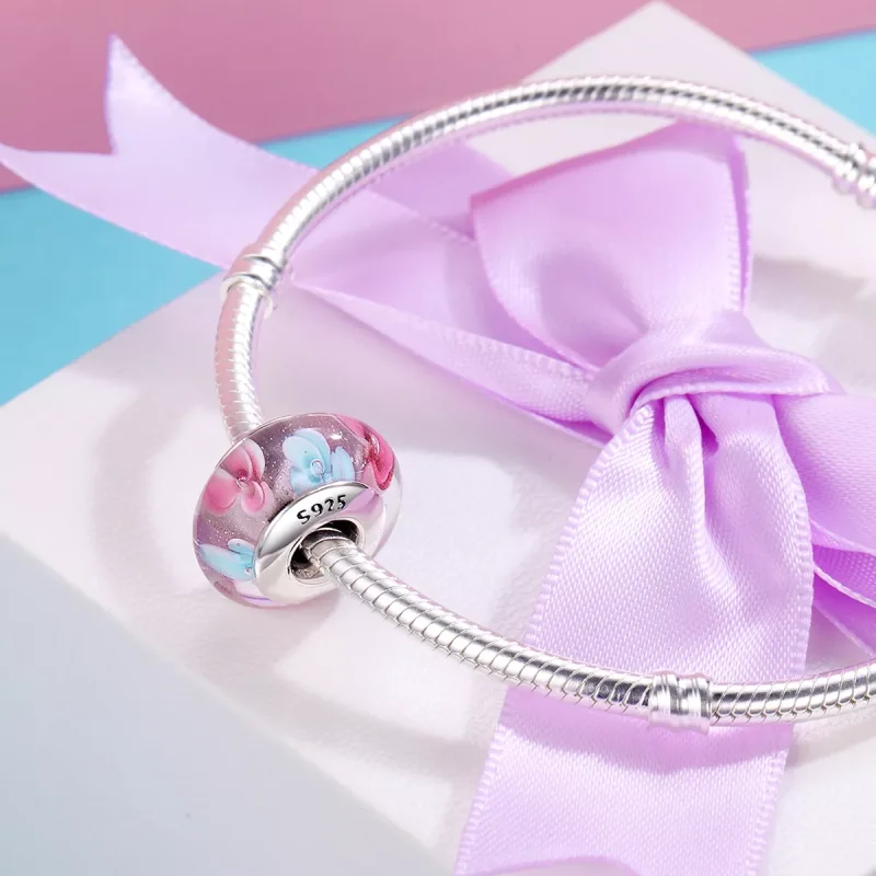 (resim) Pandora Stili Pembe Çiçekler Murano Cam Kolye - SCZ056 - Görüntüle 5