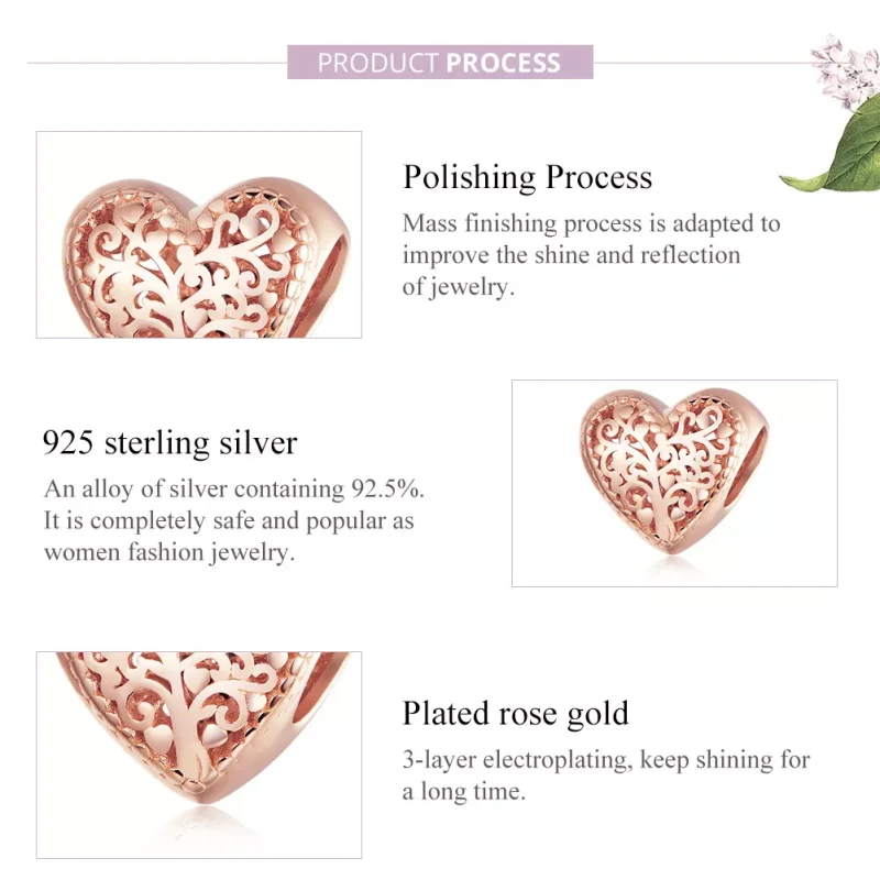 (resim) Pandora tarzı 14k rose altın kaplama Gül Aile Ağacı Charm - BSC215 - Görüntüle 8