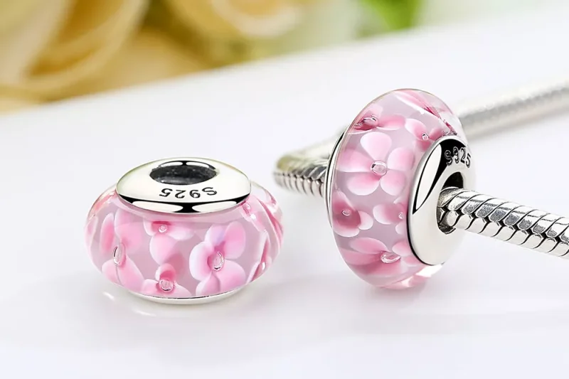 (resim) Pandora tarzı Pembe Çiçekler Murano Camı Bileklik Süsü - SCZ008 - Görüntüle 7