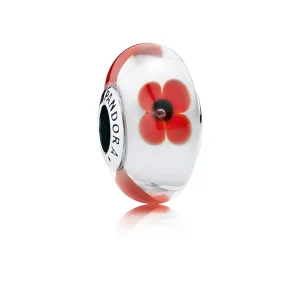 (resim) Pandora Charm, Red Flower charm with red and white murano glass 