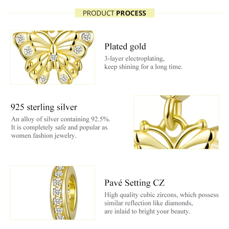 (resim) Pandora tarzı 14k altın kaplama Altın Kelebek Sallantılı Charm - BSC248 - Görüntüle 7