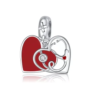 (resim) Pandora tarzı Kırmızı Kalpli Stetoskop Sallantılı Charm - BSC308