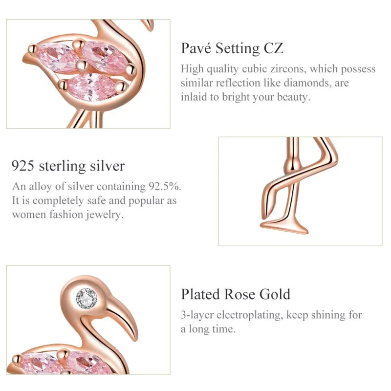 (resim) Pandora tarzı 14k rose altın kaplama flamingolar Çi̇vi̇ küpeler - BSE120 - Görüntüle 3