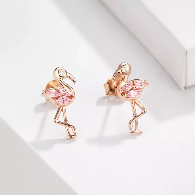 (resim) Pandora tarzı 14k rose altın kaplama flamingolar Çi̇vi̇ küpeler - BSE120 - Görüntüle 4