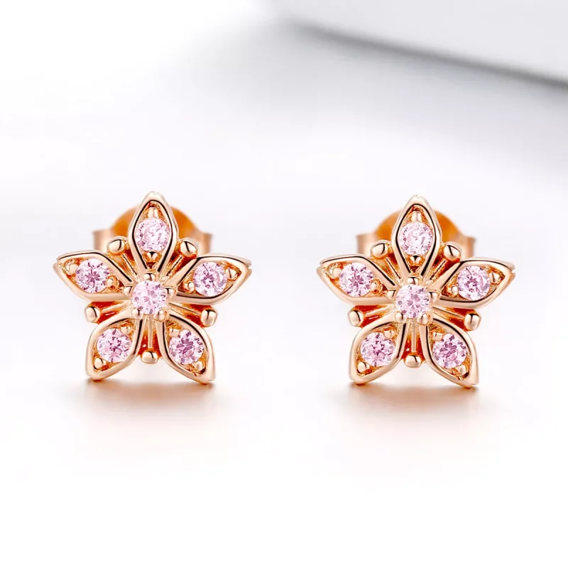 (resim) Pandora tarzı 14k rose altın kaplama Pembe Papatya Çi̇vi̇ küpeler - BSE034 - Görüntüle 3