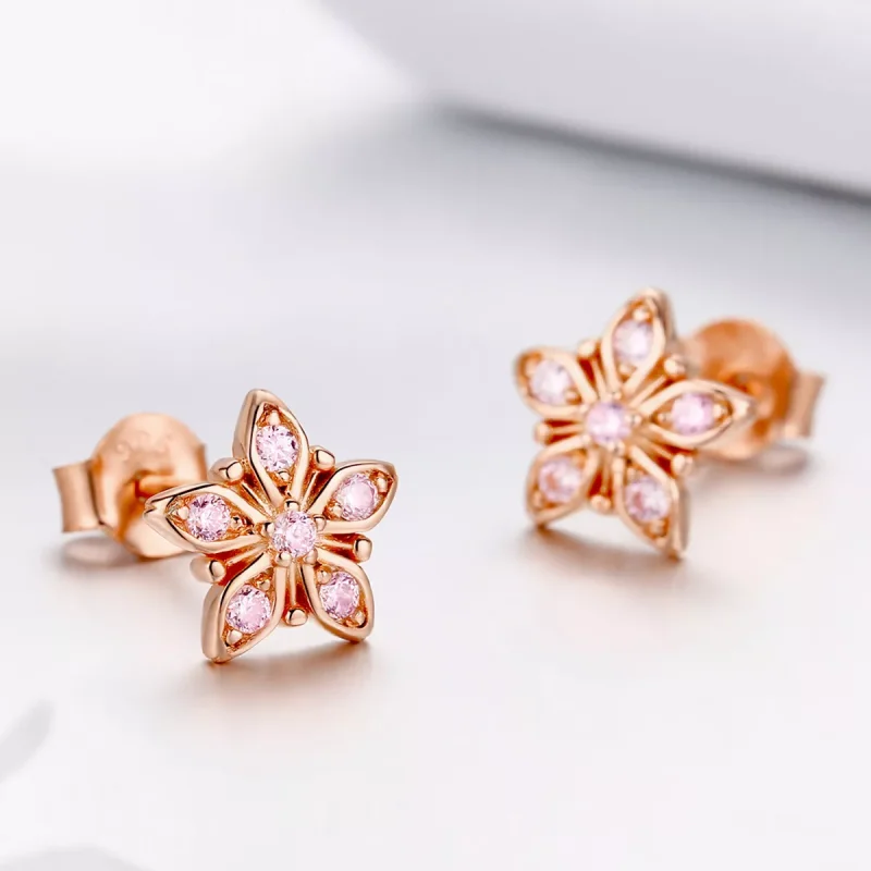 (resim) Pandora tarzı 14k rose altın kaplama Pembe Papatya Çi̇vi̇ küpeler - BSE034 - Görüntüle 4