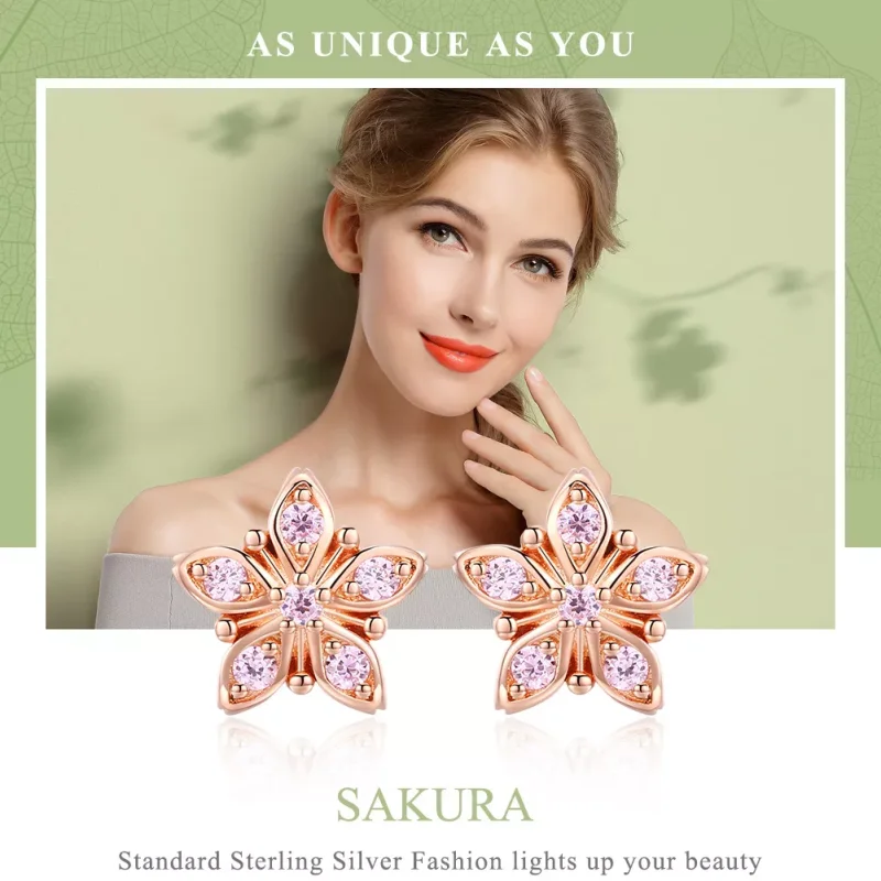 (resim) Pandora tarzı 14k rose altın kaplama Pembe Papatya Çi̇vi̇ küpeler - BSE034 - Görüntüle 6