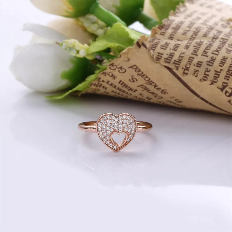 (resim) Pandora 14k rose altın kaplama Parıltılı Bulmaca Kalp Çerçevesi Yüzük - 186550CZ - Görüntüle 2