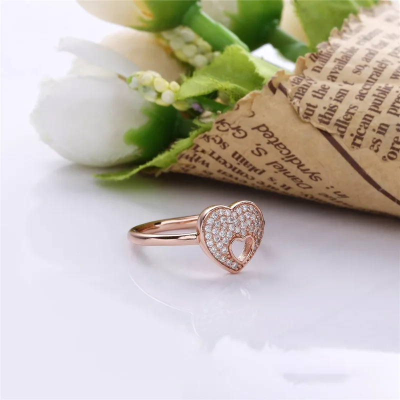 (resim) Pandora 14k rose altın kaplama Parıltılı Bulmaca Kalp Çerçevesi Yüzük - 186550CZ - Görüntüle 3