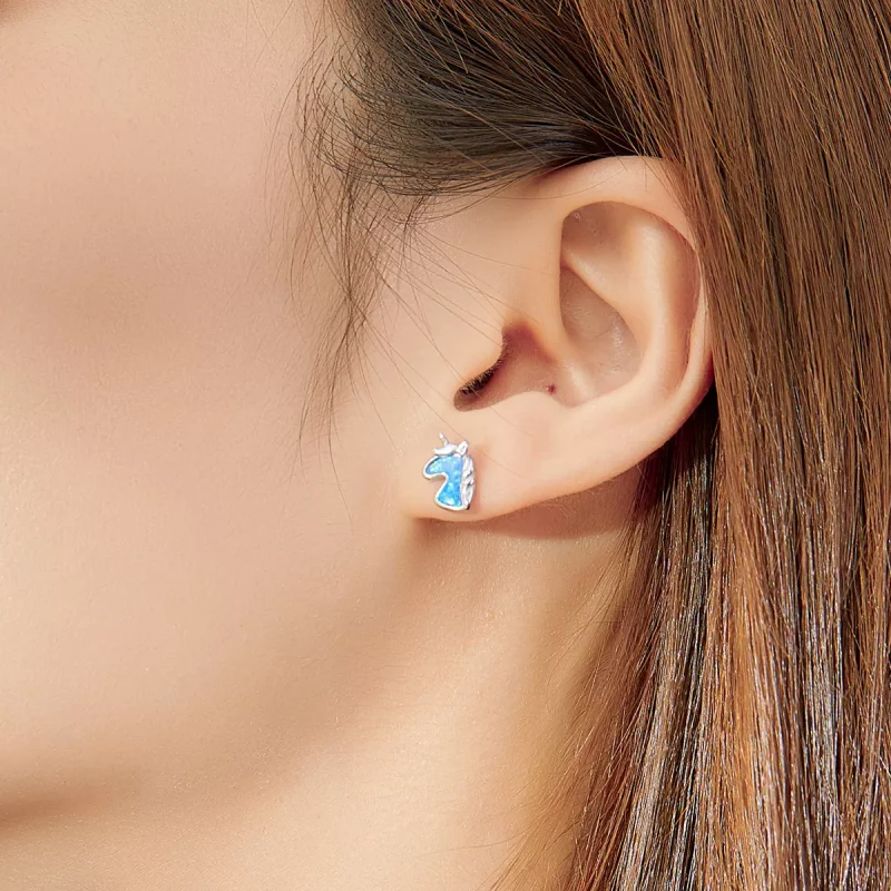(resim) Pandora Stili Açık Mavi Opal Tek Boynuzlu At Küpe - SCE815-A - Görüntüle 6