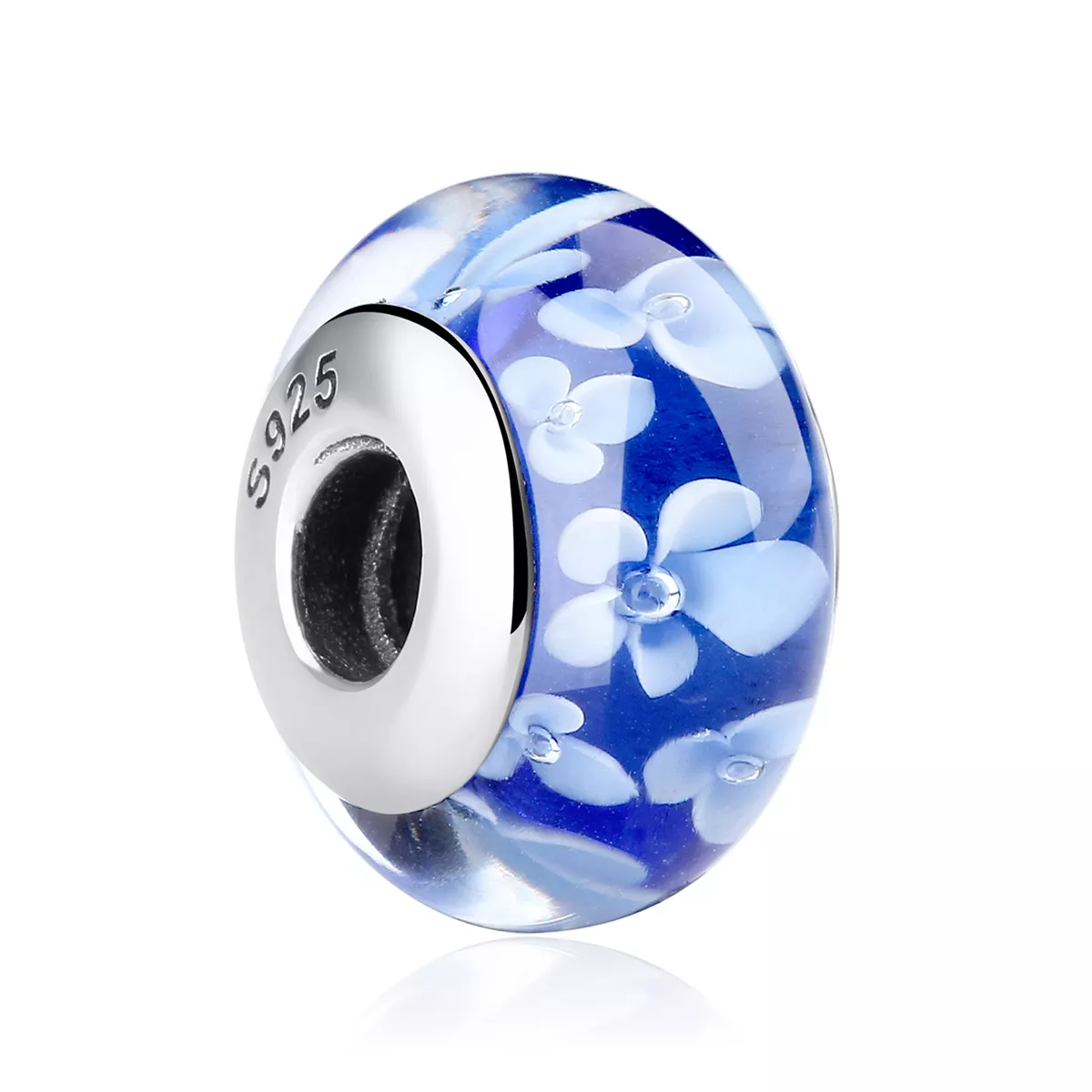 pandora stili mavi murano cam beyaz çiçekler süs scz006