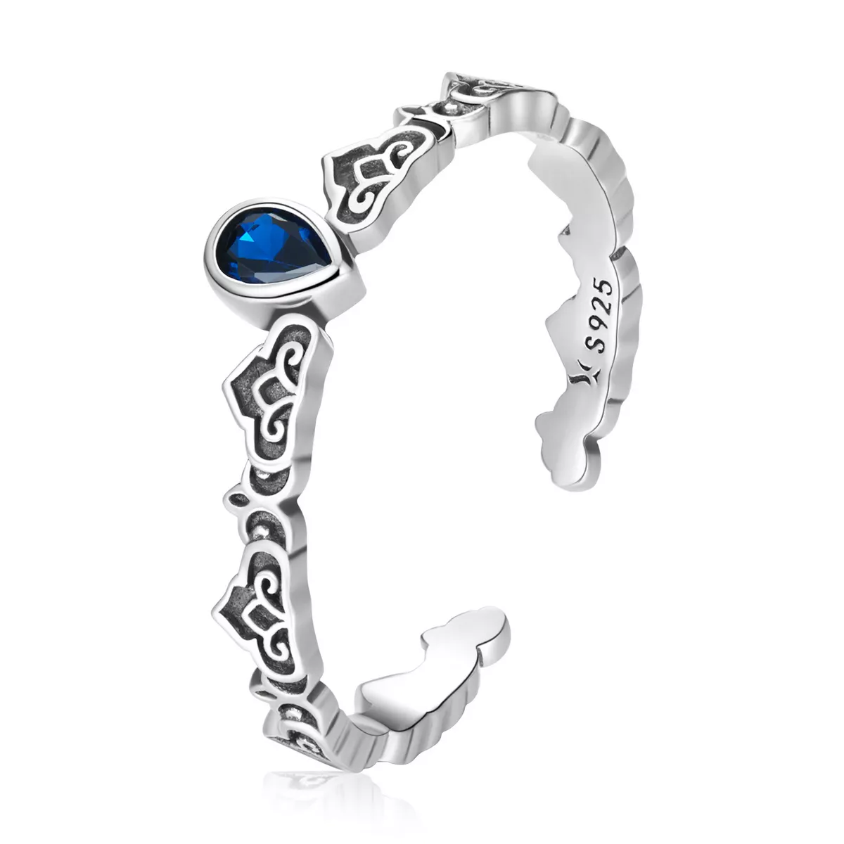 pandora stil vintage desen damla mavi taşlı açık yüzük scr767