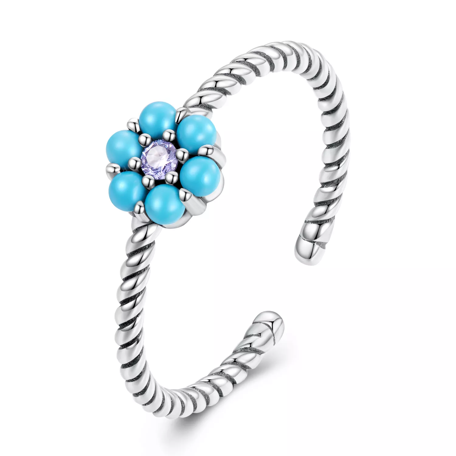 pandora stili turkuaz çiçekler açık yüzük scr884
