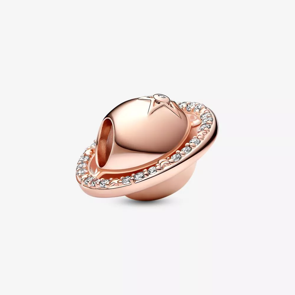 pandora satürn gezegeni 14 ayar pembe altın kaplama berrak kübik zirkonlu charm 782438c01