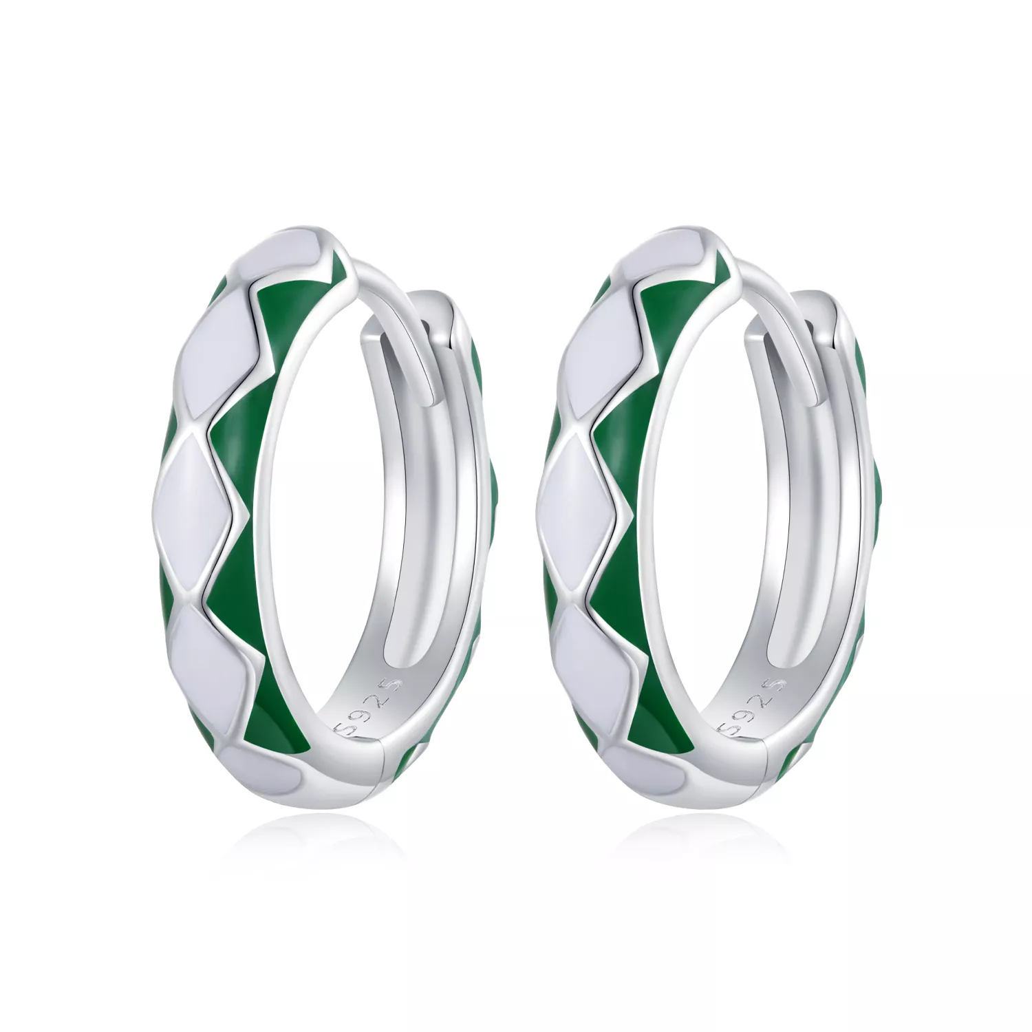 pandora stil yeşil ve beyaz elmas desenli hoop küpe sce1611 gn