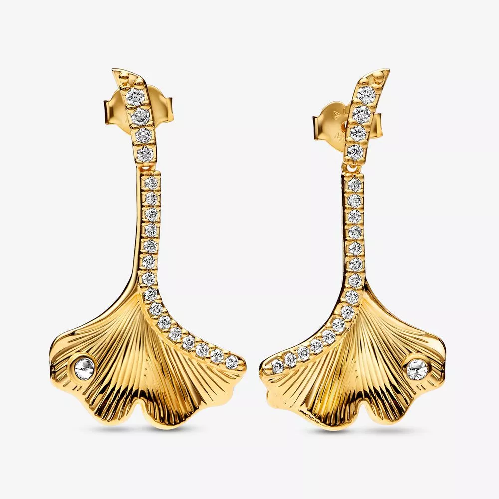 pandora ginkgo 14k altın kaplama damla küpe 262440c01