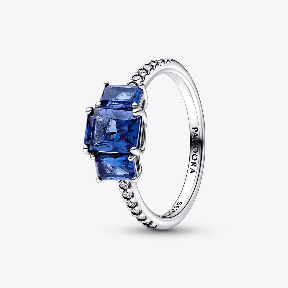 pandora mavi dikdörtgen üç taşlı parlak yüzük 192389c01