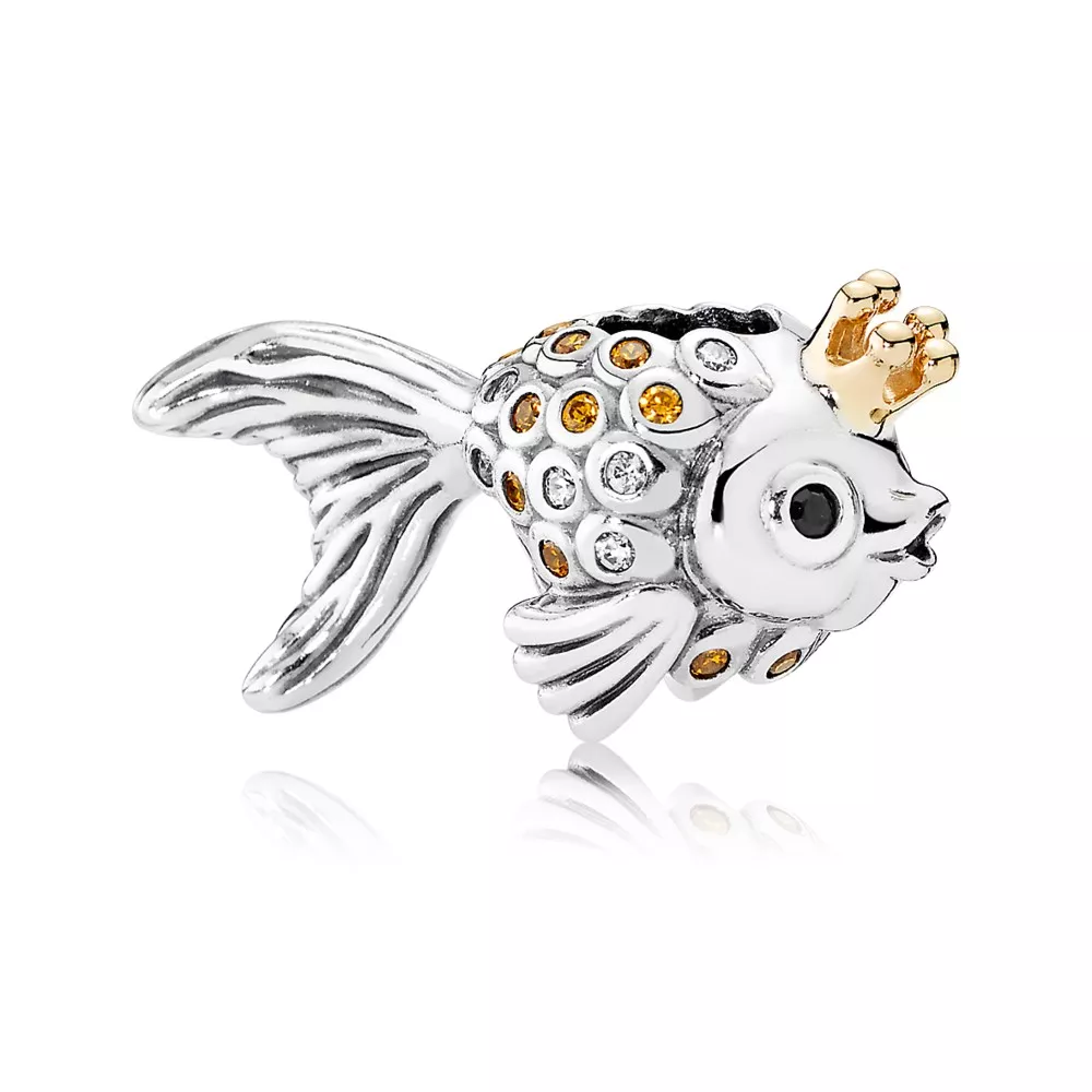 pandora charm fairytale fish silver charm with 14k orange and golden coloured cubic zirconia and black crystal 792014ccz