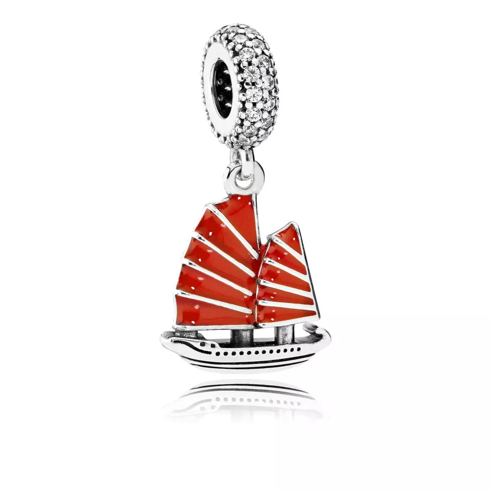 pandora sallantili charm chinese junk ship silver dangle with clear cubic zirconia and red enamel 791908en09