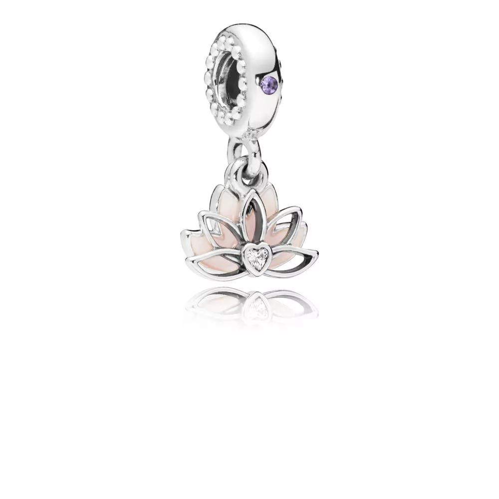pandora sallantili charm lotus silver dangle with pink enamel lilac crystal and clear cubic zirconia 797259cz